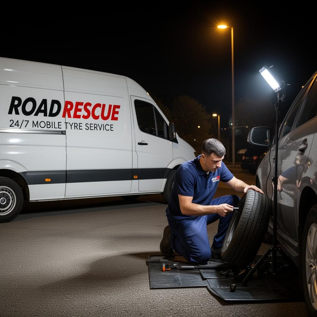 24 hour tyre fitting technician working at night with Road Rescue van