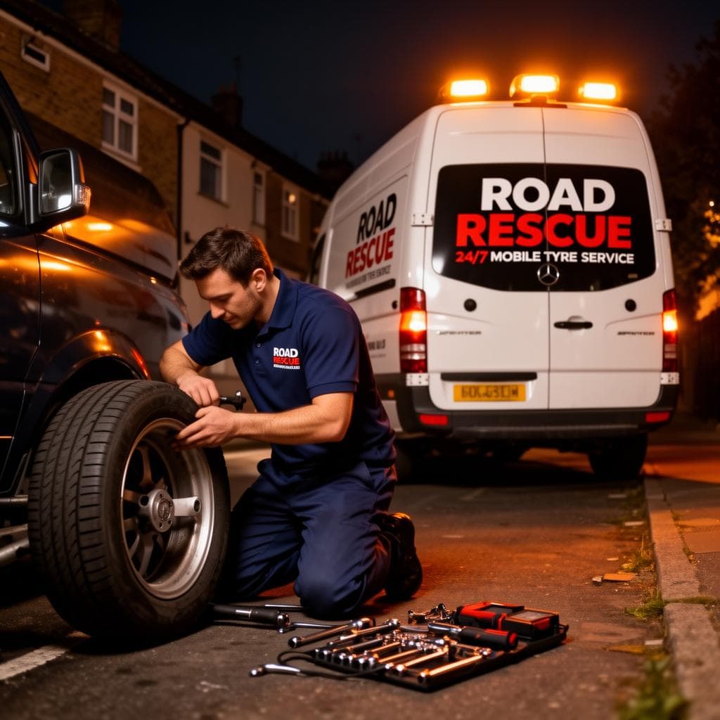 Emergency tyre fitting technician replacing a tyre at night with Road Rescue van