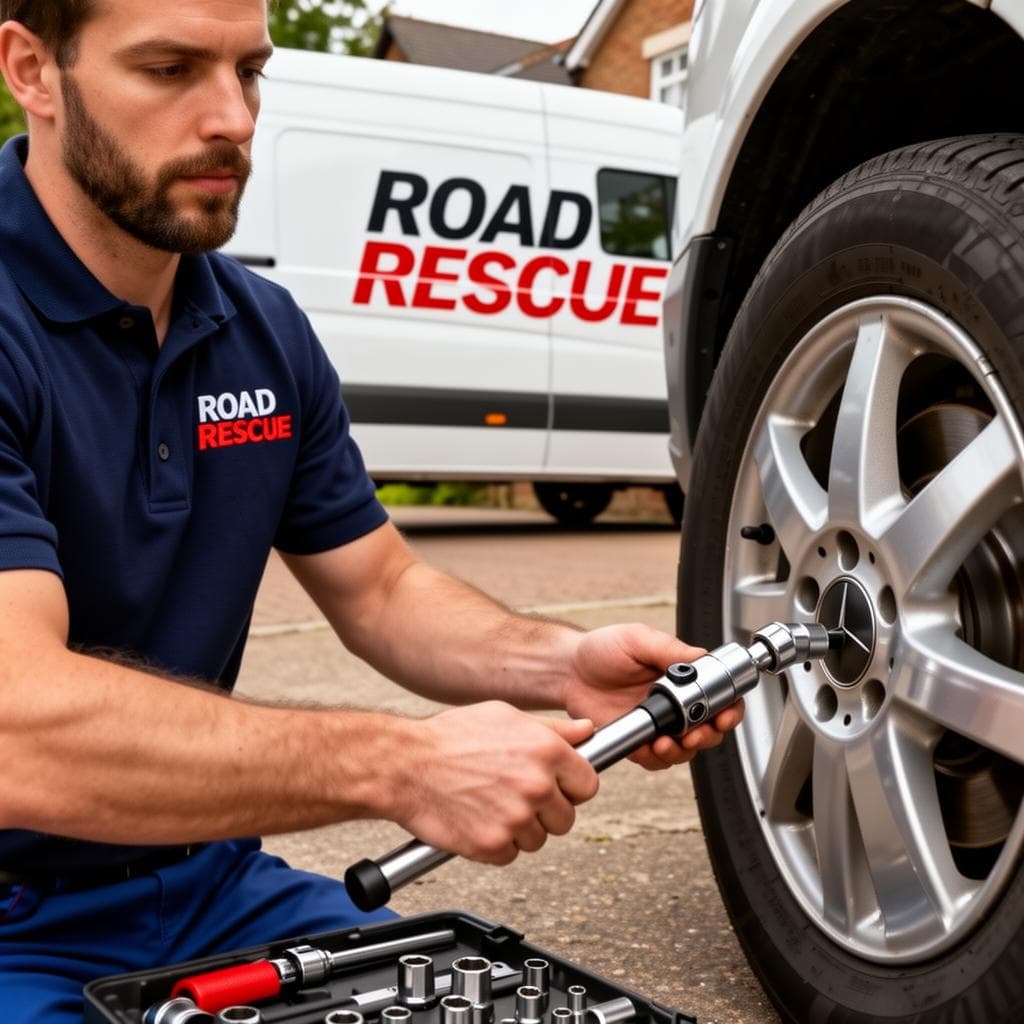 Specialist locking nut removal technician using extraction tools with Road Rescue van