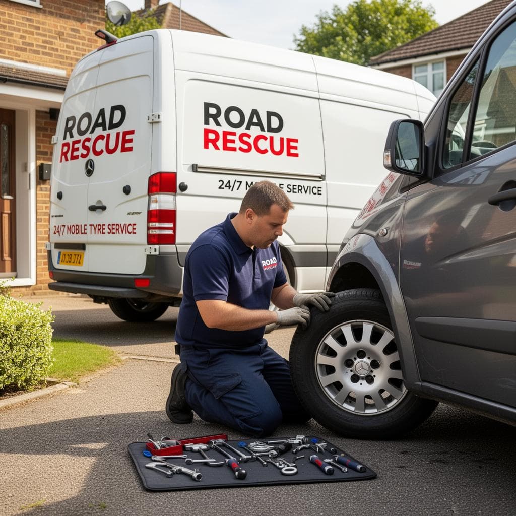 Mobile tyre change technician replacing a tyre at customer's home with Road Rescue van