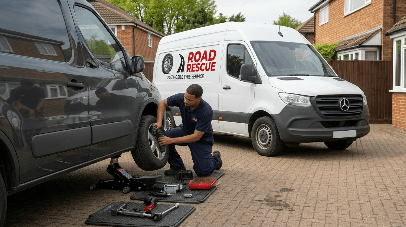 Professional mobile tyre fitters working together to replace a tyre at customer's home
