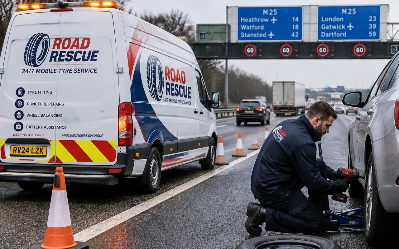 Road Rescues mobile tyre fitting technician fitting a tyre on the M25 motorway hard shoulder