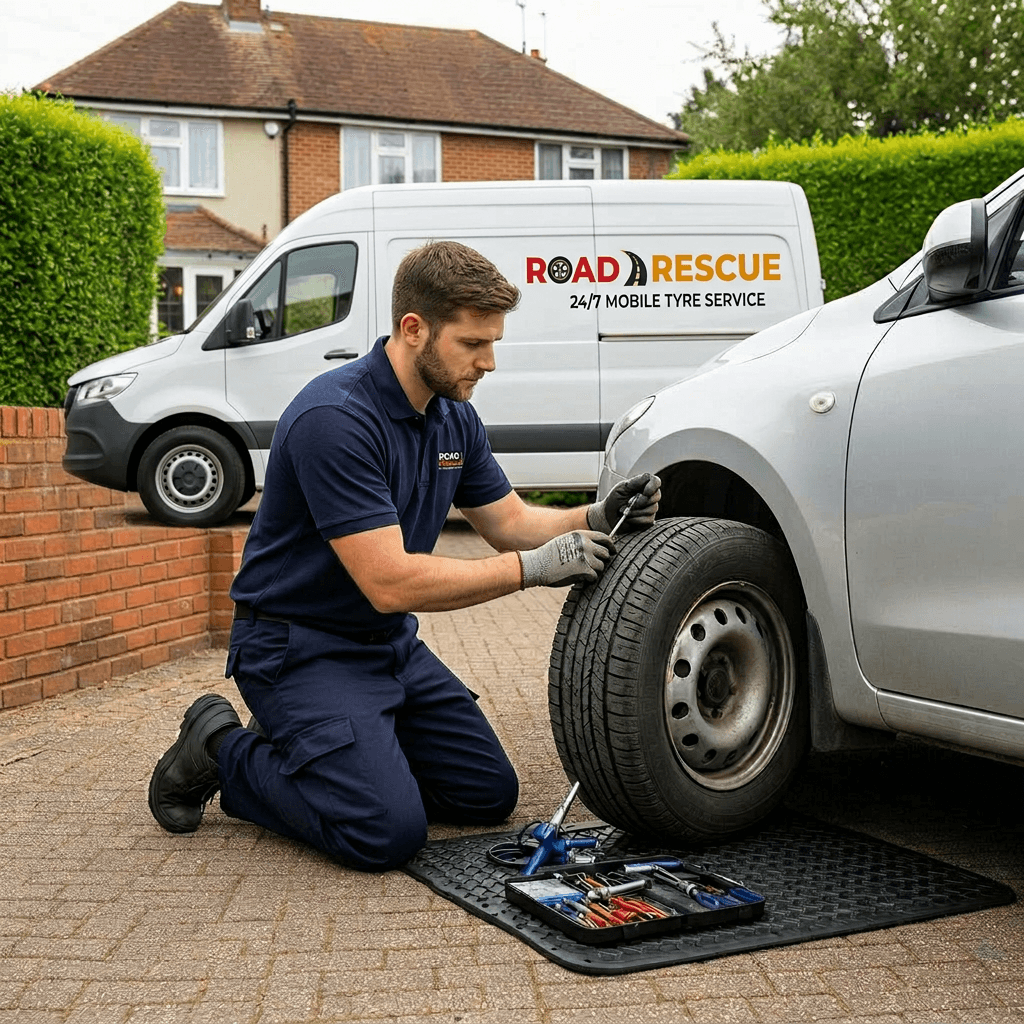 Mobile tyre repair technician fixing a puncture roadside with Road Rescue van